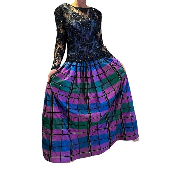 VINTAGE DESIGNER Sequin Lace Ball Gown, Mignon Ann Marie Gabalis‎ Blue Plaid - Picture 1 of 16